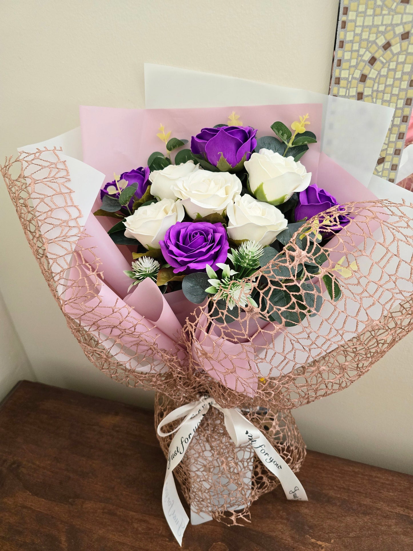 9 Purple And White Rose Bouquet