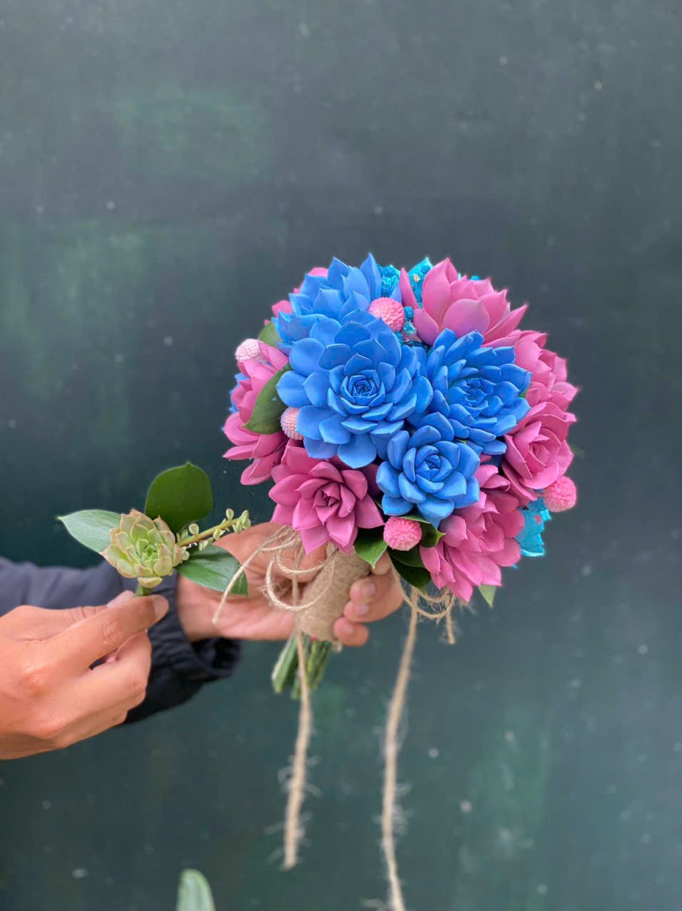 Pink And Blue Succulent Bouquet